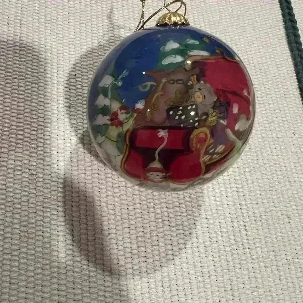 Pier One Imports 2005 Li Bien inside art ornament, elves, Santa, EUC, see pics